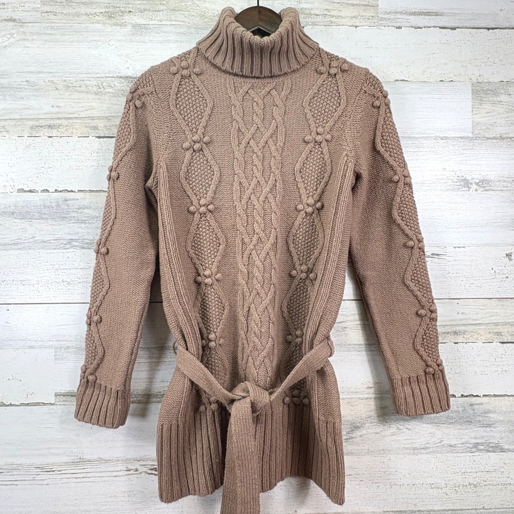 Ann Taylor LOFT Small Taupe Lambswool Blend Cable Knit Turtleneck Tunic Sweater